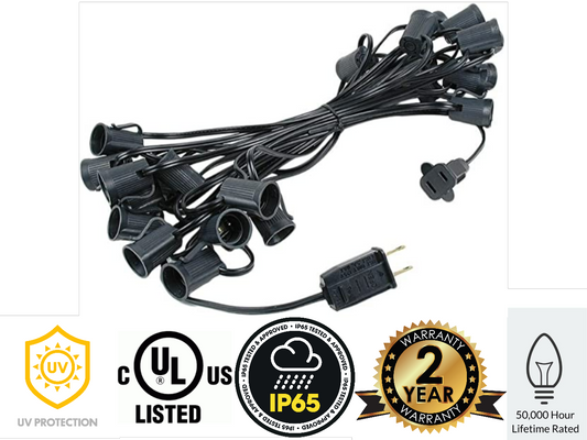 C9 and G30 25 Socket Strand - 12 Inch Spacing - BLACK Wire, SPT-2